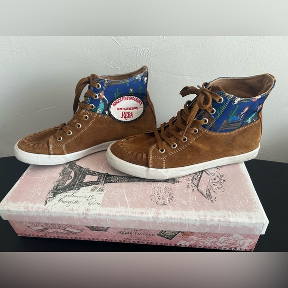 Reba Shoes - Reba Brown Suede High-Tops with Blue Patterned Collar